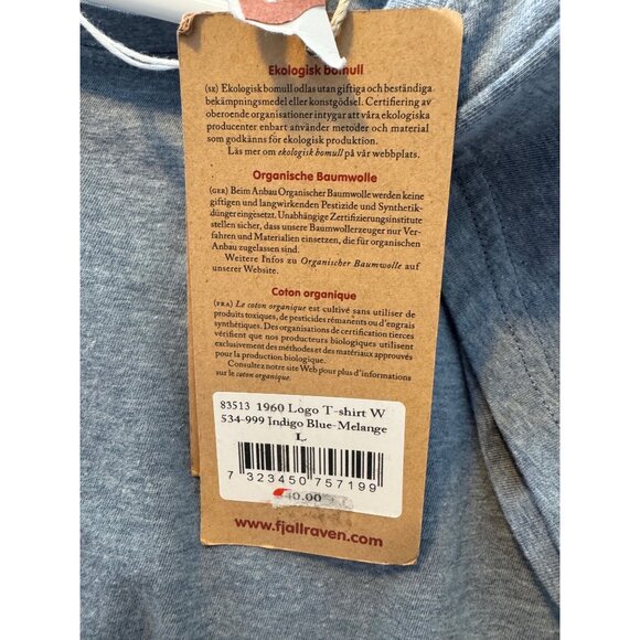 1960 Fjallraven Logo Tee Size Large Indigo Blue Malange Heather Gray Top NWT - Picture 5 of 8